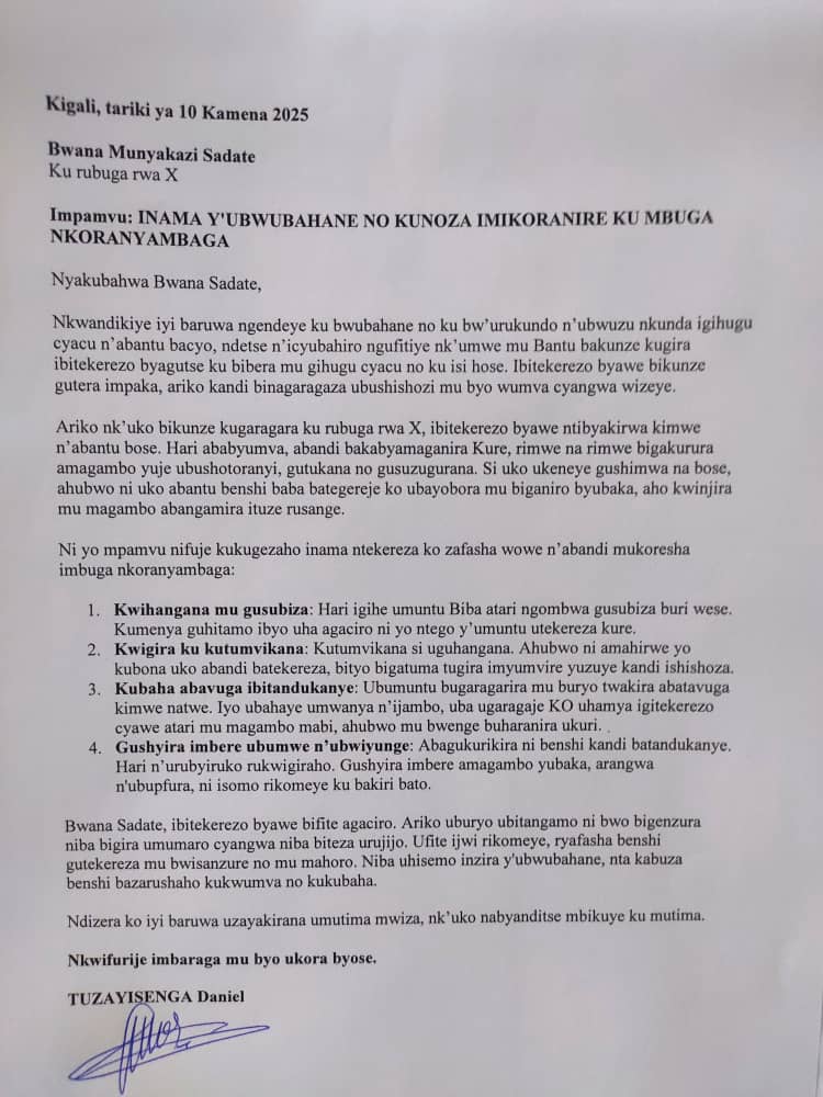 Waramutse neza munywanyi <a href="/SadateMunyakazi/">Munyakazi Sadate</a> 

Iyi baruwa umuturage yakwandikiye agusaba gushyira imbere ubwubahane mu byo utangaza kuri iyi mihanda yakugezeho? Wayakiriye ute?

Avuga ko yizera ko uyakirana umutima mwiza, ati "kuko nanjye nayanditse mbikuye ku mutima."

Komeza