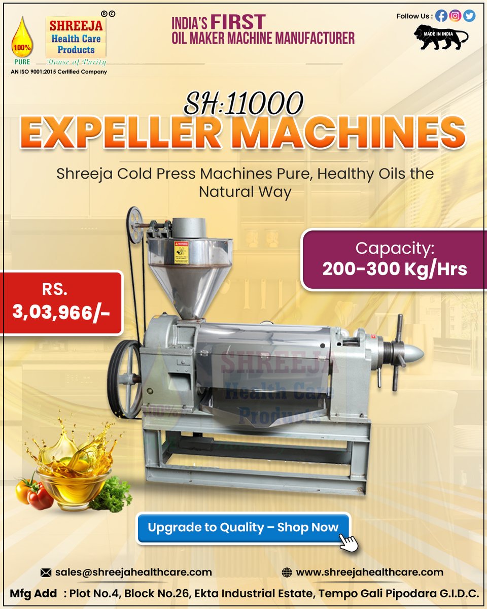 shreejahealth's tweet image. Upgrade to Efficiency with SHREEJA SH-11000 Expeller Machine!
Extract Pure, Healthy Oils the Natural way with India's First oil Maker Machine Manufacturer.
📩 sales@shreejahealthcare.com
🌐 shreejahealthcare.com
#coldpressoilmachine #shreejaexpeller #oilmaker