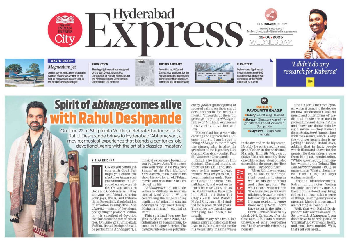 On June 22 at Shilpakala Vedika, actor-vocalist <a href="/deshpanderahul/">Rahul Deshpande</a> brings to Hyderabad ‘Abhangwari’, which blends a centuries-old devotional genre with his classical mastery.

Read: newindianexpress.com/cities/hyderab…

<a href="/XpressHyderabad/">TNIE Telangana</a> <a href="/santwana99/">santwanabhattacharya</a> <a href="/Kalyan_TNIE/">Kalyan Chakravarthy</a> <a href="/Reshmijourno/">Reshmi Chakravorty</a> <a href="/PrasannaRS2/">Prasanna R S</a>
