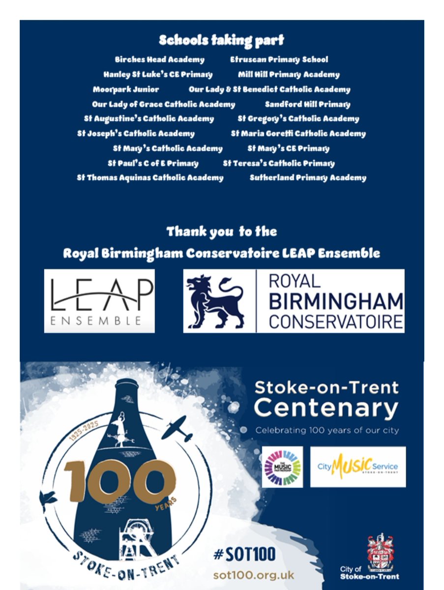 City Music Service (@stokecms) on Twitter photo Today is instrumentalists 🎷🥁 at The Big Play. Schools, Ensembles & <a href="/YoungSoundsUK/">Young Sounds UK</a> will take part with 1000 children celebrating 1️⃣0️⃣0️⃣ alongside the Royal Birmingham Conservatoire LEAP Ensemble 🎻🎺 <a href="/SoTCityCouncil/">Stoke-on-Trent CC</a> <a href="/StokeLearning/">Stoke Learning</a> <a href="/stokeontrent100/">Stoke-on-Trent Centenary</a> <a href="/ace_national/">Arts Council England</a> <a href="/tmpartnership/">The Music Partnership</a> Today is instrumentalists 🎷🥁 at The Big Play. Schools, Ensembles & <a href="/YoungSoundsUK/">Young Sounds UK</a> will take part with 1000 children celebrating 1️⃣0️⃣0️⃣ alongside the Royal Birmingham Conservatoire LEAP Ensemble 🎻🎺 <a href="/SoTCityCouncil/">Stoke-on-Trent CC</a> <a href="/StokeLearning/">Stoke Learning</a> <a href="/stokeontrent100/">Stoke-on-Trent Centenary</a> <a href="/ace_national/">Arts Council England</a> <a href="/tmpartnership/">The Music Partnership</a>
