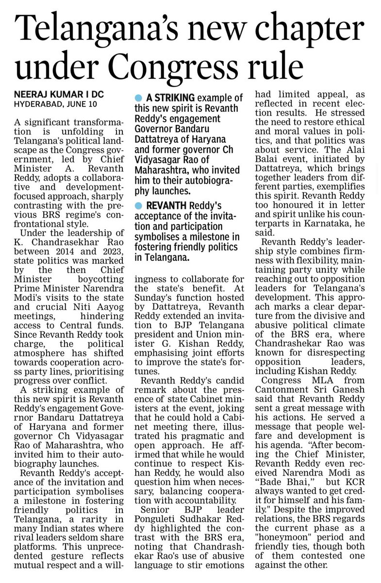 revanthannanews's tweet photo. Telangana embraces a new era under CM @revanth_anumula's Congress rule. His collaborative approach, engaging with Governor Dattatreya and BJP leaders like Kishan Reddy, marks a shift towards unity and development. #TelanganaRising2047 #CongressRule @DeccanChronicle https://t.co/DHXqX8egJU