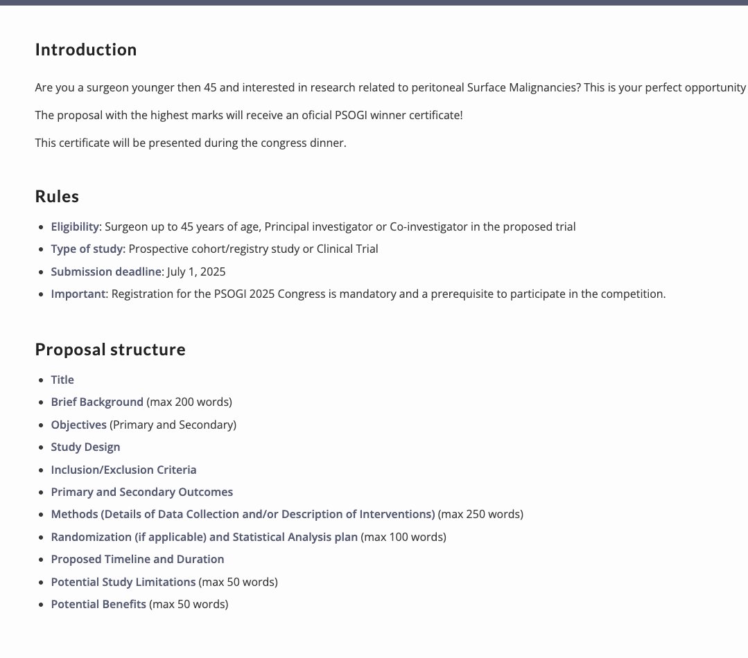 🔊 🔊 Calling on young surgeons/ clinicians around the 🌎 🌏 

If you are conducting a clinical trial/ cohort study 📈 📉 or have an idea 🌪️ that you would like to share 👩‍🏫 👨‍🏫 with the PSM community 

'Pitch your trial idea' to #PSOGI2025 #PSOGIBarcelona 

and participate in this