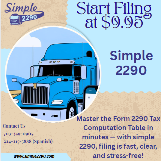 simple2290's tweet photo. Master the Form 2290 Tax Computation Table in minutes - with simple 2290, filing is fast, clear, and stress-free!
#truckdriver #truckin #truckdaily #starstruck #truckerhat #truckerlife #trucknation #pawstruck 
https://t.co/FaTohdsXCw
support@simple2290.com
703-349-0905 https://t.co/WLorn0n1V5
