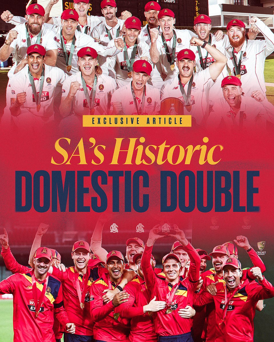 In addition to breaking two title droughts, South Australia made history in the 2024/25 season achieveing the 'domestic double' by winning both the One-Day Cup and Sheffield Shield Championships.

Read more about this rare feat here 👉 bit.ly/3ZpTeZ5