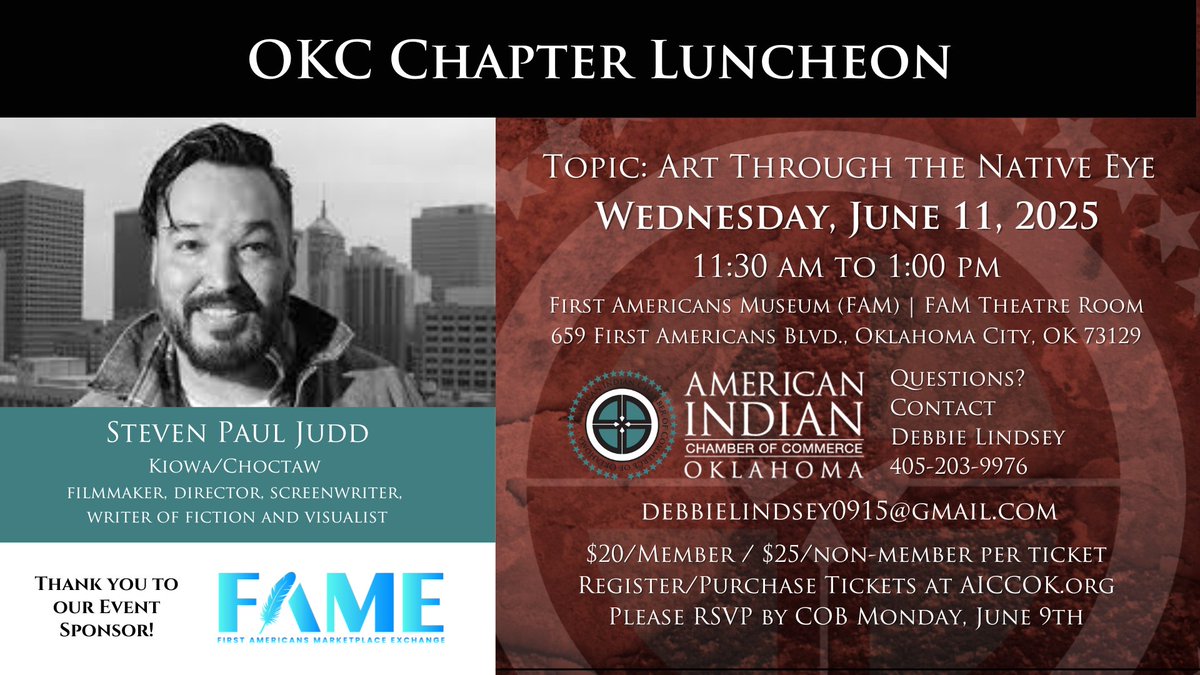 Join Us for Our OKC Chapter Luncheon Wednesday, June 11th, 2025, from 11:30am - 1:00pm!

Visit eventbrite.com/e/okc-chapter-… to secure your spot!

Thank you to First Americans Marketplace Exchange (FAME) for sponsoring this event!

#AICCOk #Oklahoma #Native #Tribal #NativeBusiness