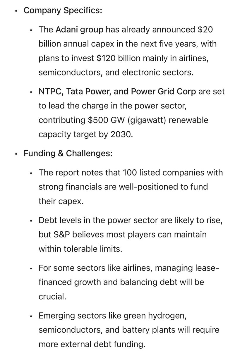 stcokaficionado's tweet photo. S&P Global Ratings reports Indian corporates will double capex to $850 billion over 5 years, led by power, airlines, & green hydrogen. Strong balance sheets & govt policy fuel this growth, with most funding from internal cash. #IndiaInc #CapexBoom #Economy #Nifty #Banknifty https://t.co/eIwe2cbmFq