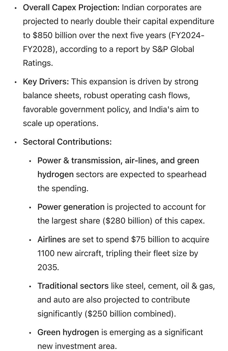 stcokaficionado's tweet photo. S&P Global Ratings reports Indian corporates will double capex to $850 billion over 5 years, led by power, airlines, & green hydrogen. Strong balance sheets & govt policy fuel this growth, with most funding from internal cash. #IndiaInc #CapexBoom #Economy #Nifty #Banknifty https://t.co/eIwe2cbmFq