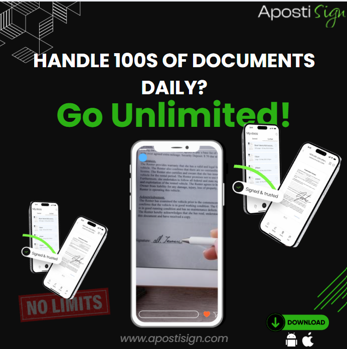 apostisign1's tweet image. Handle 100s of documents daily? 📄
Go Unlimited with ApostiSign!
✅ Unlimited digital signatures
✅ Fast, secure, and legal
Start signing smarter 👉 apostisign.com
#eSignature #PaperlessWork #ApostiSign