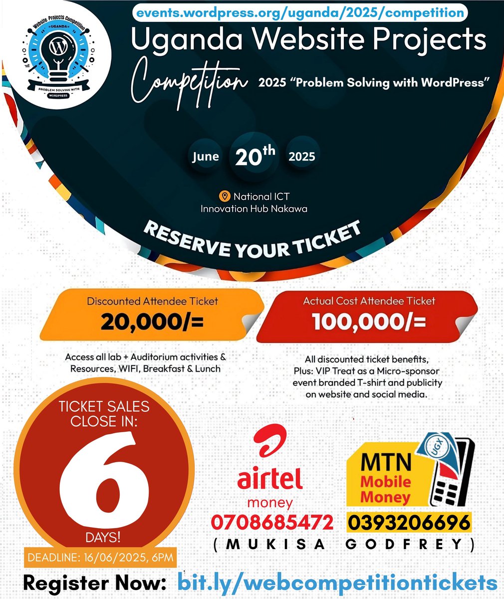 🎤 COUNTDOWN: 6 days left to reserve your seat!
Ready to witness 20 genius teams pitch to judges, tech leaders &amp; fellow innovators? 🚀
#WebsiteCompetitionUG📍 June 20th | @InnovationHubUg, Nakawa
🔗 Register: bit.ly/webcompetition…
📱 Airtel 0708685472 | MTN 0393206696
