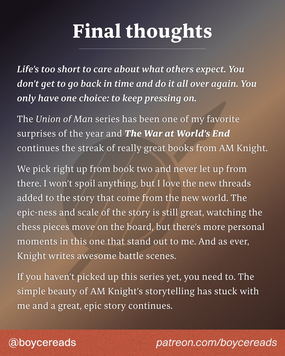 Shane Boyce (@boycereads) on Twitter photo If you haven’t checked out <a href="/AMKnight222284/">A.M. Knight</a>’s Union of Man series yet, you should. My review of book 3, The War at World’s End. 👇🏼 If you haven’t checked out <a href="/AMKnight222284/">A.M. Knight</a>’s Union of Man series yet, you should. My review of book 3, The War at World’s End. 👇🏼