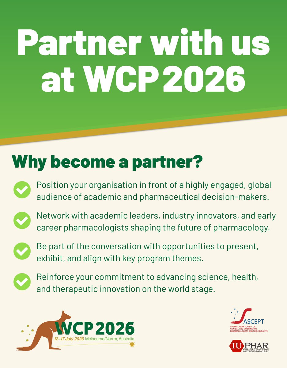🌟 WCP2026 Partnership Opportunities 🌟
We are delighted to invite organisations offering services, products, and expertise in pharmacology and therapeutics to partner with us in supporting #WCP2026
Find out more wcp2026.org/sponsorship/

#IUPHAR #ASCEPT