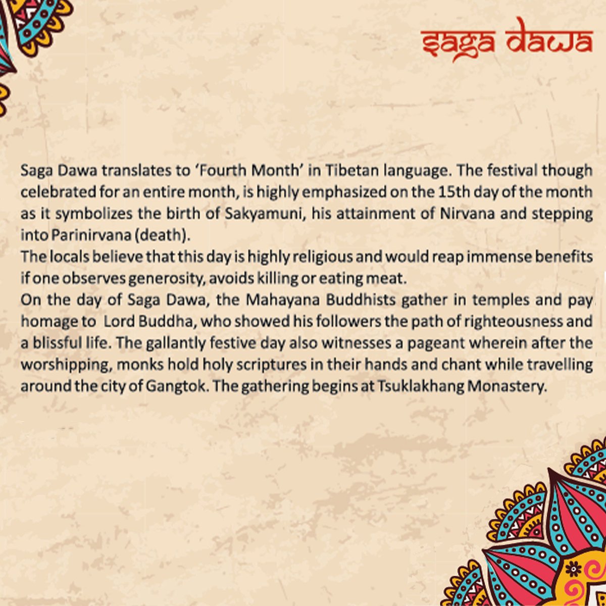 Saga Dawa is the most sacred Buddhist festival. During this month, acts of kindness and generosity multiply karma, making it a powerful time for spiritual growth. Read more about these unique festivals in our
'Regional India Booklet Edition Il' - https:// tinyurl.com/4v6b9dpw