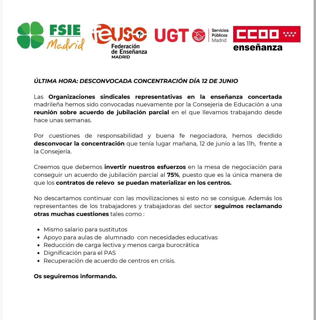 Álvaro Fsie (@alvarofsie) on Twitter photo 🔴ÚLTIMA HORA🔴 <a href="/educacmadrid/">Educación▪️Comunidad de Madrid</a> nos cita a una reunión mañana a las 11:30h.
Por responsabilidad y para centrar nuestros esfuerzos en la mesa de negociación, desconvocamos la concentración que teníamos prevista para este día.
➡️ acortar.link/byOdyo
#ConcertadaPersonalOlvidado 🔴ÚLTIMA HORA🔴 <a href="/educacmadrid/">Educación▪️Comunidad de Madrid</a> nos cita a una reunión mañana a las 11:30h.
Por responsabilidad y para centrar nuestros esfuerzos en la mesa de negociación, desconvocamos la concentración que teníamos prevista para este día.
➡️ acortar.link/byOdyo
#ConcertadaPersonalOlvidado
