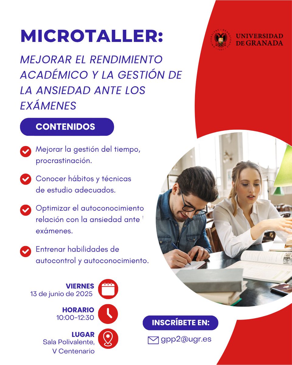 Vic. Estudiantes y Vida Universitaria (@veugr) on Twitter photo 📚✨ ¡Taller para Mejorar tu Rendimiento y Gestionar la Ansiedad! 🧠
📅 13 de junio
📍 V Centenario, Sala Polivalente
📧 Inscripción: gpp2@ugr.es
✅ Mejorar rendimiento
✅ Gestionar ansiedad
✅ Autocontrol
#TallerUGR #AnsiedadExamenes #Rendimiento #ugr 📚✨ ¡Taller para Mejorar tu Rendimiento y Gestionar la Ansiedad! 🧠
📅 13 de junio
📍 V Centenario, Sala Polivalente
📧 Inscripción: gpp2@ugr.es
✅ Mejorar rendimiento
✅ Gestionar ansiedad
✅ Autocontrol
#TallerUGR #AnsiedadExamenes #Rendimiento #ugr
