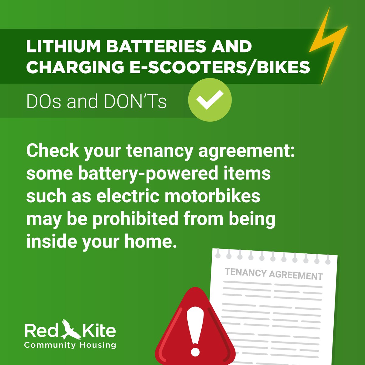 Red Kite (@redkitehousing) on Twitter photo Lithium-ion batteries are powerful—but they can be dangerous if misused.
Whether you're riding an e-bike or e-scooter, follow our Do’s & Don’ts to stay safe at home and on the go. #LithiumBatterySafetyWeek #ChargeSafe Lithium-ion batteries are powerful—but they can be dangerous if misused.
Whether you're riding an e-bike or e-scooter, follow our Do’s & Don’ts to stay safe at home and on the go. #LithiumBatterySafetyWeek #ChargeSafe