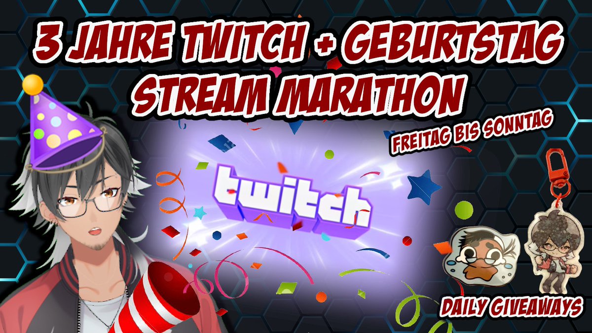 🎉STREAM MARATHON!🎉
Freitag bis Sonntag!

🎊3 Jahre Twitch Jubiläum + Geburtstag feiern!🎊

START FREITAG 16 UHR!⏰
- Dokomi/Twitch Recap!
- Daily Giveaways 
- Collab natürlich 
-  vieles mehr! (Alles auf Sponti)

twitch.tv/xxx_bahamut_xxx

#Vtuber #Vtubers #GERVtuber