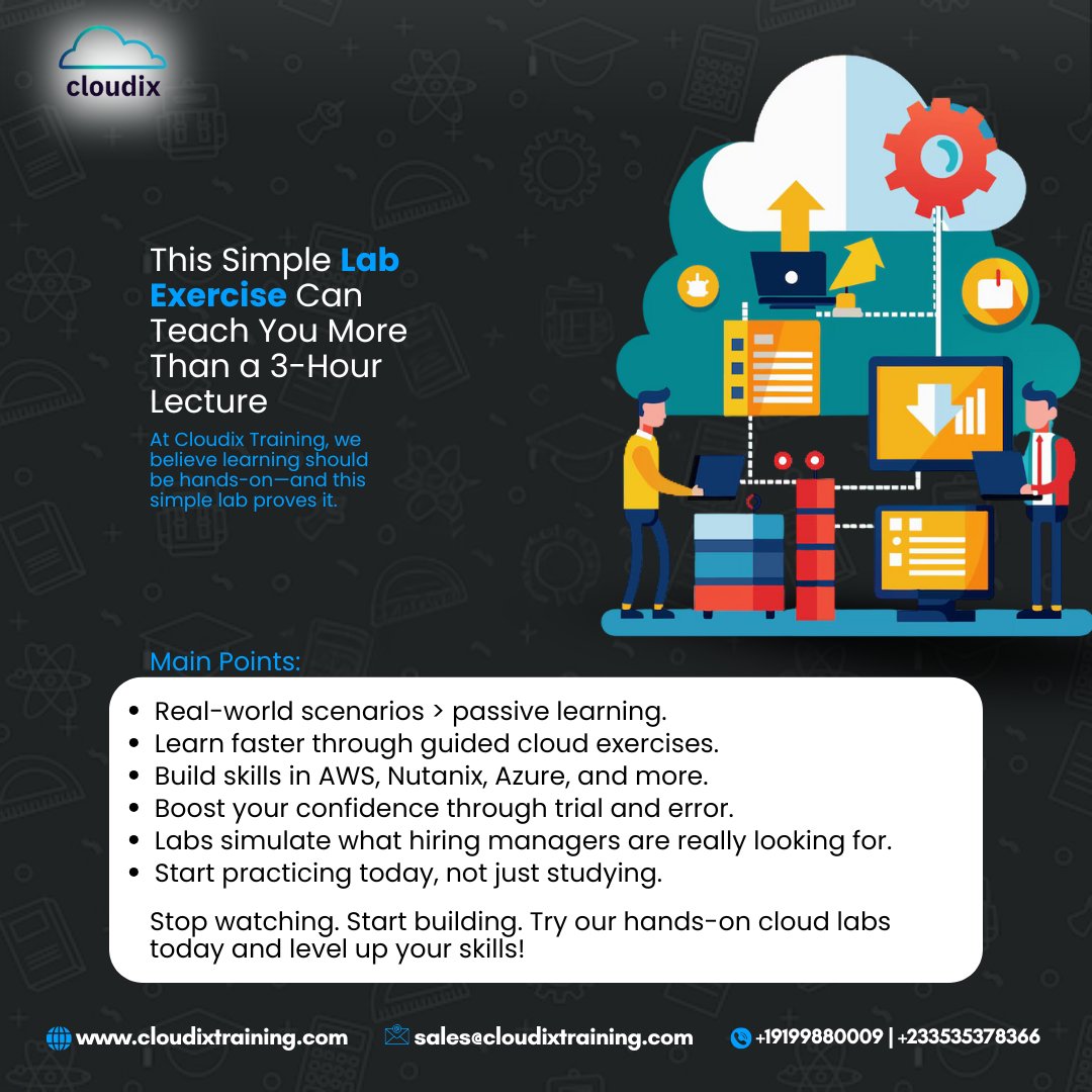 CloudixT's tweet image. Start practicing today, not just studying.

Stop watching. Start building. Try our hands-on cloud labs today and level up your skills!

#CloudixTraining #HandsOnLearning #CloudLabs #CloudComputing #Nutanix #AWS #Azure #PowerisPower #CloudSkills #lab #cloudixt