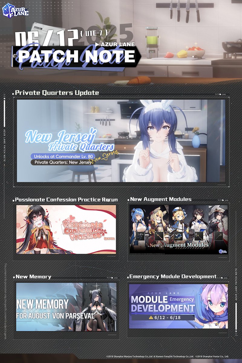 Dear Commander,

Headquarters will carry out maintenance on 6/12, 12:00 A.M. (UTC-7) for approximately 8 hours. Highlights of the upcoming version are shown below.

For detailed information, please check our website: azurlane.yo-star.com/news/2025/06/1…

#AzurLane #Yostar