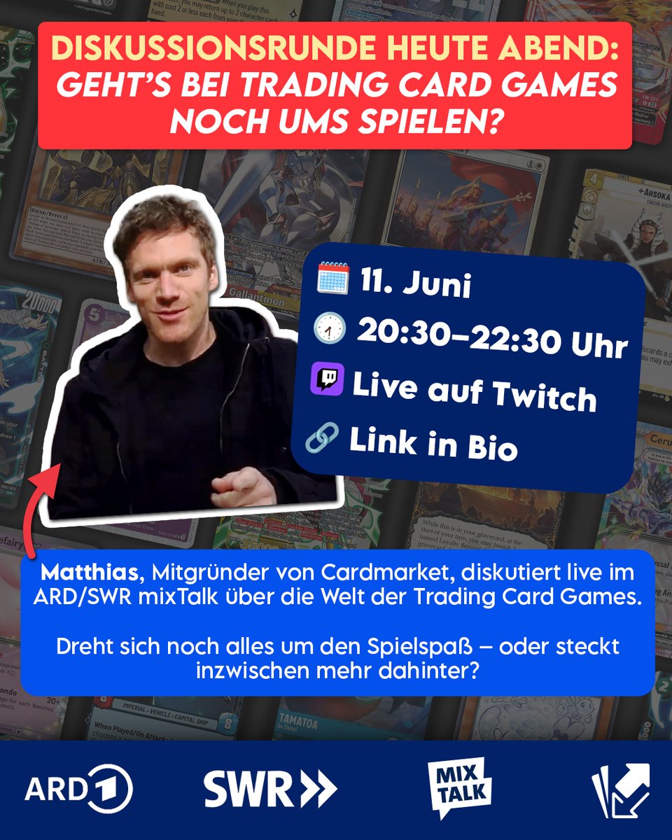 Diskussionsrunde heute Abend: Geht’s bei Trading Card Games noch ums Spielen?
Dr. Matthias Knelangen, Mitgründer von Cardmarket, diskutiert live im ARD/SWR mixTalk über die Welt der Trading Card Games.
Live auf Twitch:
🗓 HEUTE 11. Juni 🕣20:30–22:30 Uhr

🔗 Link: