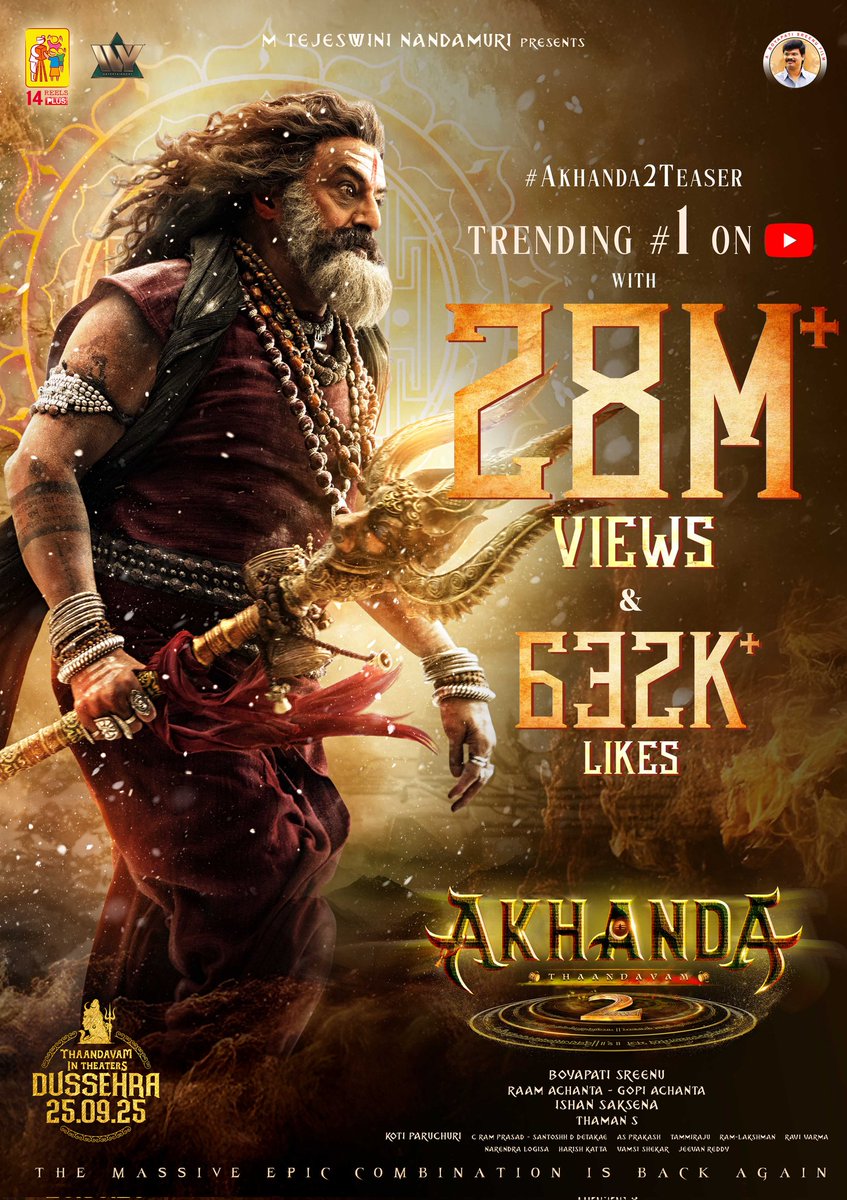 The Massiest form of the divine force 💥💥🔱

#Akhanda2Teaser TRENDING #1 on YouTube with 28 MILLION+ VIEWS &amp; 632K+ LIKES ❤‍🔥
▶️ bit.ly/Akhanda2Teaser

#Akhanda2 THANDAAVAM IN THEATRES DUSSEHRA 25th SEPTEMBER 

#Akhanda2Thaandavam 
'GOD OF MASSES' #NandamuriBalakrishna