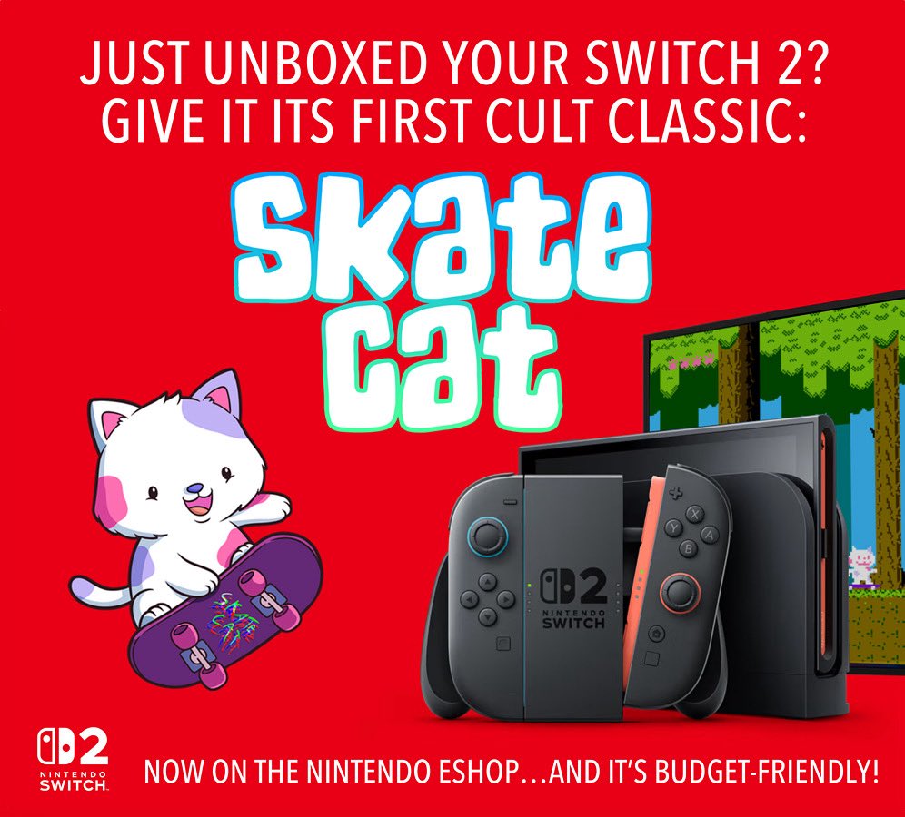 What happens when a cat finds a skateboard?
He saves the world. 😼🛹

Play #SkateCat now on NES, Famicom, Evercade, PC,… and Nintendo Switch!

🎮 Digital: dale-coop.itch.io/skatecat-sj-ga…
📦 Physical: homebrew-factory.com/nes/134-skatec…

#NES #homebrew #nesdev #NESmaker #indiegames #gamedev