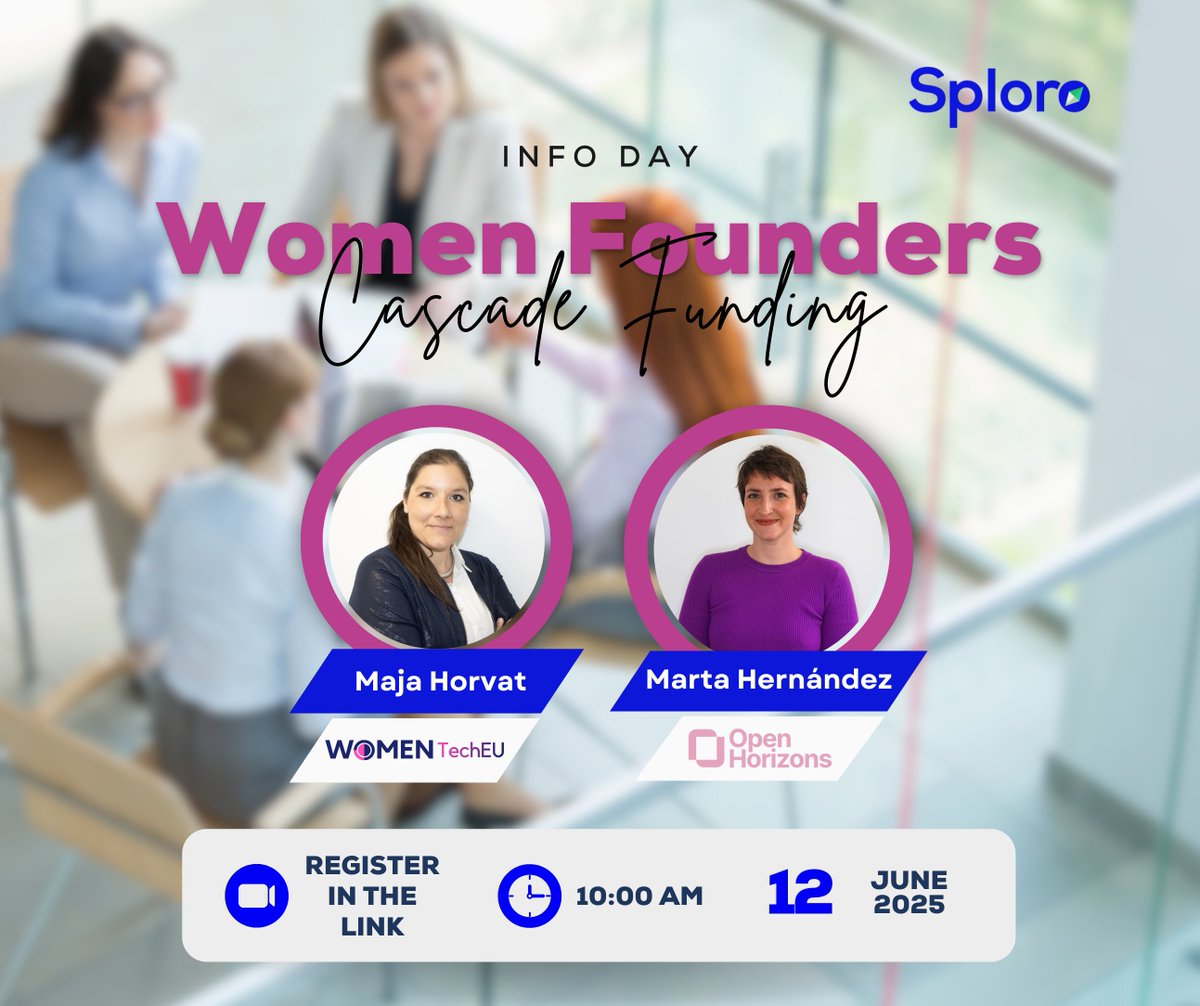 Sploro.eu (@sploro_eu) on Twitter photo Don’t miss this week’s Cascade Funding Webinar #22: Women Founders
🗓️ June 12 at 10:00 CET
💸 Up to €75K in equity-free funding
🎯 Women-led Deep Tech & Digital Startups
🔊<a href="/womentecheurope/">Women TechEU</a> <a href="/OpenHorizonsEU/">OPEN HORIZONS project</a>
👉 Register: events.teams.microsoft.com/event/4adcb2d5…
#WomenInTech #CascadeFunding Don’t miss this week’s Cascade Funding Webinar #22: Women Founders
🗓️ June 12 at 10:00 CET
💸 Up to €75K in equity-free funding
🎯 Women-led Deep Tech & Digital Startups
🔊<a href="/womentecheurope/">Women TechEU</a> <a href="/OpenHorizonsEU/">OPEN HORIZONS project</a>
👉 Register: events.teams.microsoft.com/event/4adcb2d5…
#WomenInTech #CascadeFunding