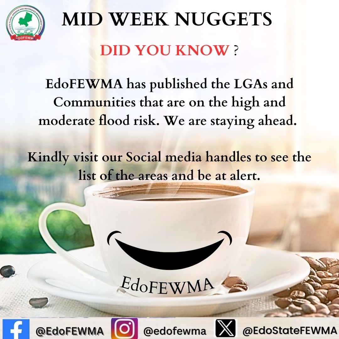 EdoStateFEWMA's tweet photo. Please see the details of the areas that have been identified that may experience flooding at different times of the year for your information and actions.

https://t.co/uTppqZGHko https://t.co/1GcJ1iDgvn