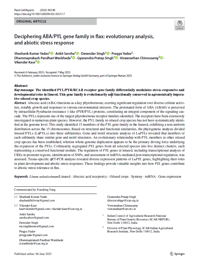 linseed_project's tweet photo. Unraveling #ABA/PYL/RCAR receptor #gene family in #linseed &amp; #Oilseed crop #Stress response #Developmental #Evolutionary and #genetic regulation
Read here: https://t.co/oAYft0qf3f
@SpringerNature in @PlantCellRep 
@INbpgr @DBTIndia https://t.co/Cn12gdVgss