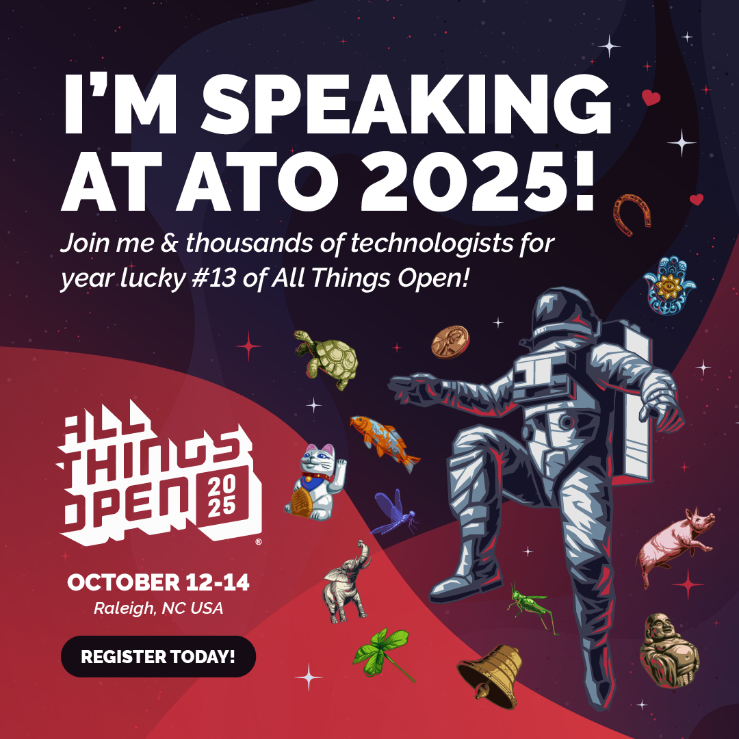 Tyler Benfield (@rtbenfield) on Twitter photo I'm thrilled to be speaking at <a href="/AllThingsOpen/">All Things Open</a> this year!
If you've heard me talk about conferences, you've heard of ATO. I've met so many friends from attending ATO events. 2025 is going to be great and I'm excited to be part of it! I'm thrilled to be speaking at <a href="/AllThingsOpen/">All Things Open</a> this year!
If you've heard me talk about conferences, you've heard of ATO. I've met so many friends from attending ATO events. 2025 is going to be great and I'm excited to be part of it!