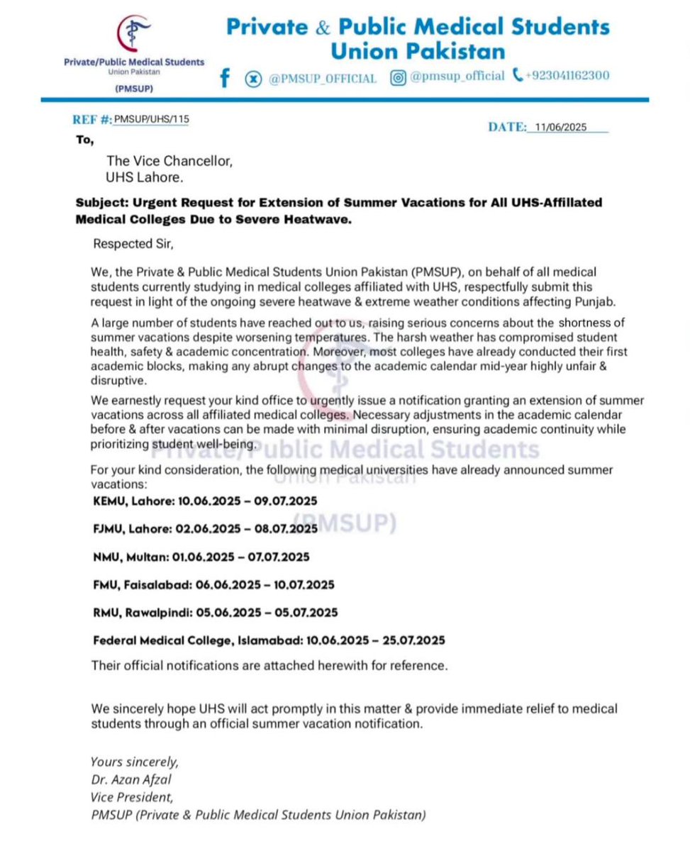PMSUP has officially submitted an application to UHS requesting immediate extension of summer vacations for all affiliated medical colleges. It’s a draft application that you must print, get signed &amp; stamped by your college Principal, &amp; send to UHS as soon as possible ! 
#UHS