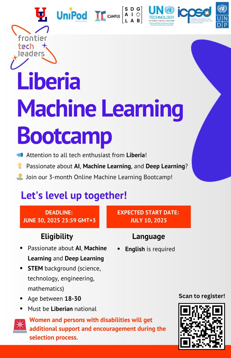 🚀 Calling tech enthusiasts from Liberia! Join our 3-month ML Bootcamp 🎓
🌍 For Liberians aged 18–30 in STEM
 ✨ Women &amp; persons with disabilities encouraged to apply—priority support available!
📩 Apply now: bit.ly/43Dcund
