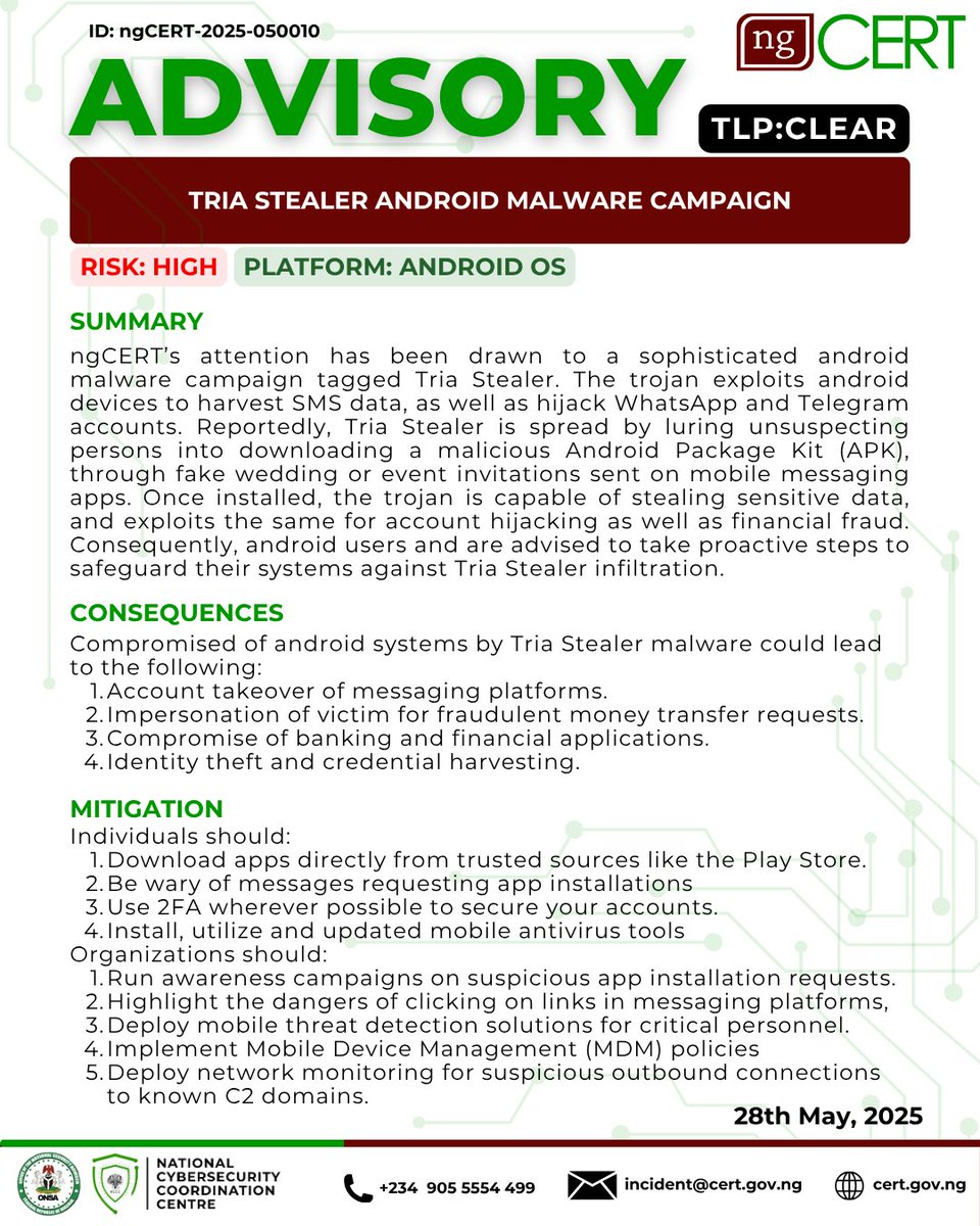CRITICAL: Tria Stealer is a Trojan that targets and exploits Android devices to harvest data on SMS, WhatsApp and Telegram accounts. 
Visit our website for more info: cert.gov.ng/advisories/tri…