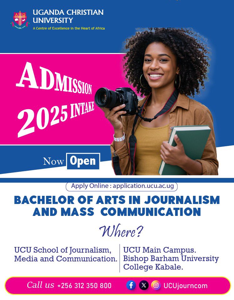 UCU School of Journalism, Media & Communication (@ucujourncom) on Twitter photo Want to drive impactful stories, craft compelling messages, and connect with audiences.
Join <a href="/UCUniversity/">Uganda Christian University (Official)</a> School of Journalism, Media & Communication undergraduate programme.
Admissions open for 2025 Advent Intake (September).
Enroll now to đź”— application.ucu.ac.ug Want to drive impactful stories, craft compelling messages, and connect with audiences.
Join <a href="/UCUniversity/">Uganda Christian University (Official)</a> School of Journalism, Media & Communication undergraduate programme.
Admissions open for 2025 Advent Intake (September).
Enroll now to đź”— application.ucu.ac.ug