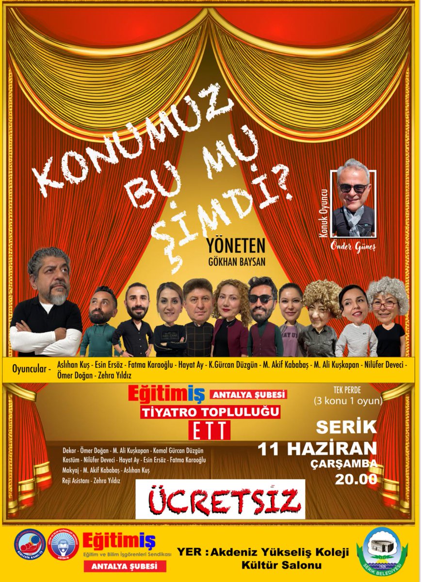 Bugün saat 20.00’de, “Konumuz Bu Mu Şimdi?” adlı tiyatro gösterisine tüm halkımız davetlidir.
Ücretsiz olarak sahnelenecek olan tiyatro oyunumuz, Akdeniz Yükseliş Koleji Kültür Salonu’nda izleyicileriyle buluşacaktır.