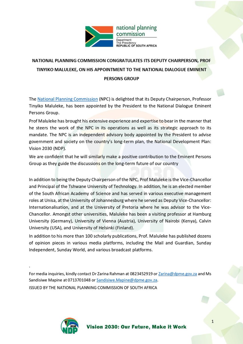 NPC (@npc_rsa) on Twitter photo MEDIA STATEMENT: NPC Congratulates Its Deputy Chairperson, <a href="/ProfTinyiko/">Tinyiko Maluleke</a>, on his Appointment to the National Dialogue Eminent Persons Group. MEDIA STATEMENT: NPC Congratulates Its Deputy Chairperson, <a href="/ProfTinyiko/">Tinyiko Maluleke</a>, on his Appointment to the National Dialogue Eminent Persons Group.