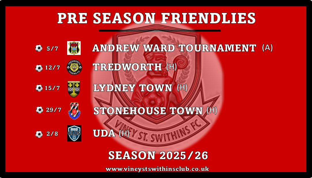 Viney St.Swithins FC (@vssfc) on Twitter photo ๐๐ซ๐ ๐๐๐๐ฌ๐จ๐ง ๐
๐ข๐ฑ๐ญ๐ฎ๐ซ๐๐ฌ...
12/7 ๐ <a href="/TredworthFC/">Tredworth Tigers</a>
15/7 ๐ <a href="/LydneyTownAFC/">Lydney Town AFC</a>
29/7๐ <a href="/stonehouse_town/">Stonehouse Town FC</a>
2/8 ๐<a href="/UDAUKSOCCER/">UDA Soccer Academies - UK and USA</a>
All tough games which should stand us in good stead for the new season.
๐ดโซ๏ธ
#Viney #Preseason #Fixtures ๐๐ซ๐ ๐๐๐๐ฌ๐จ๐ง ๐
๐ข๐ฑ๐ญ๐ฎ๐ซ๐๐ฌ...
12/7 ๐ <a href="/TredworthFC/">Tredworth Tigers</a>
15/7 ๐ <a href="/LydneyTownAFC/">Lydney Town AFC</a>
29/7๐ <a href="/stonehouse_town/">Stonehouse Town FC</a>
2/8 ๐<a href="/UDAUKSOCCER/">UDA Soccer Academies - UK and USA</a>
All tough games which should stand us in good stead for the new season.
๐ดโซ๏ธ
#Viney #Preseason #Fixtures