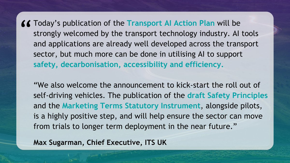 ITS UK (@its_uk_org) on Twitter photo Exciting news from <a href="/transportgovuk/">Department for Transport</a>!
The new Transport AI Action Plan and fast-tracked self driving vehicle pilots are a huge win for the ITS sector.
Read our response below!š£ļø Exciting news from <a href="/transportgovuk/">Department for Transport</a>!
The new Transport AI Action Plan and fast-tracked self driving vehicle pilots are a huge win for the ITS sector.
Read our response below!š£ļø