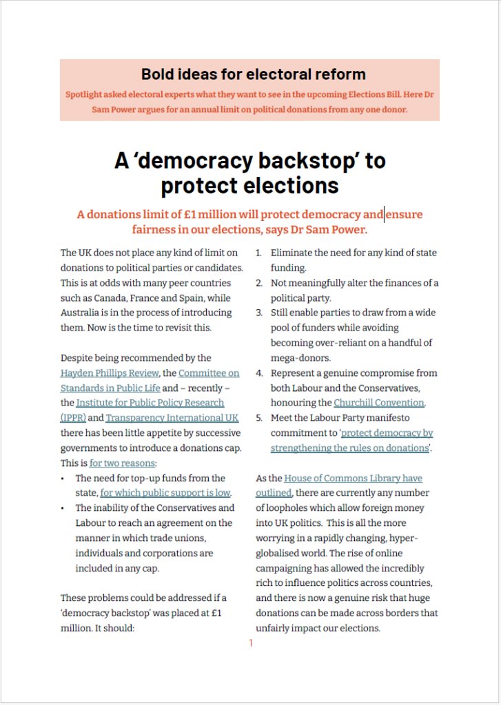 Spotlight on Corruption asked electoral experts what they want to see in the upcoming Elections Bill. Here Dr Sam Power argues for an annual limit on political donations from any one donor.

spotlightcorruption.org/report/bold-id…