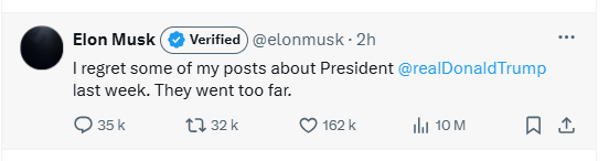 Quand tu te rappelles soudainement, après ta redescente, que Trump est le gars qui a le chéquier pour subventionner tes entreprises...

#ElonMusk #Musk