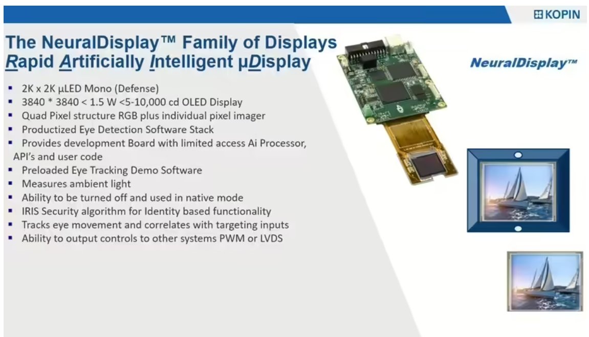 mogorago's tweet image. Kopin NeuralDisplay™：アイ・トラッキングを内蔵し、AIによる映像最適化を実現した双方向型Micro-OLEDディスプレイ。外部カメラは一切不要。
AR/VRに最適 — 近い将来、Valve Deckard、Quest 4、Pico 5に搭載されるかも？
#VR #AR #MicroOLED #EyeTracking #ValveDeckard
