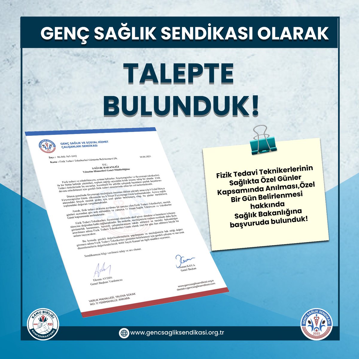Genç SağlıkSen Fizik Tedavi Teknikerleri Komisyonu (@gssfttkomisyonu) on Twitter photo Fizik Tedavi Teknikerlerinin Sağlıkta Özel Günler Kapsamında Anılması, Özel Bir Gün Belirlenmesi Hakkında Sağlık Bakanlığı Yönetim Hizmetleri Genel Müdürlüğü'ne başvurumuzu yaptık.
<a href="/osmkya06/">Osman KAYA</a> <a href="/gencsagliksend/">Genç Sağlık Sendikası</a>
<a href="/Arifcmgz/">Arif CAMGÖZ</a> <a href="/Aras_Ali_/">Aras Ali Altıntaş</a> <a href="/faliciftcioglu/">Furkan Ali Çiftçioğlu</a> <a href="/Ekremaydinn/">Ekrem AYDIN</a> <a href="/cekirge_fatih/">Fatih Çekirge</a> Fizik Tedavi Teknikerlerinin Sağlıkta Özel Günler Kapsamında Anılması, Özel Bir Gün Belirlenmesi Hakkında Sağlık Bakanlığı Yönetim Hizmetleri Genel Müdürlüğü'ne başvurumuzu yaptık.
<a href="/osmkya06/">Osman KAYA</a> <a href="/gencsagliksend/">Genç Sağlık Sendikası</a>
<a href="/Arifcmgz/">Arif CAMGÖZ</a> <a href="/Aras_Ali_/">Aras Ali Altıntaş</a> <a href="/faliciftcioglu/">Furkan Ali Çiftçioğlu</a> <a href="/Ekremaydinn/">Ekrem AYDIN</a> <a href="/cekirge_fatih/">Fatih Çekirge</a>