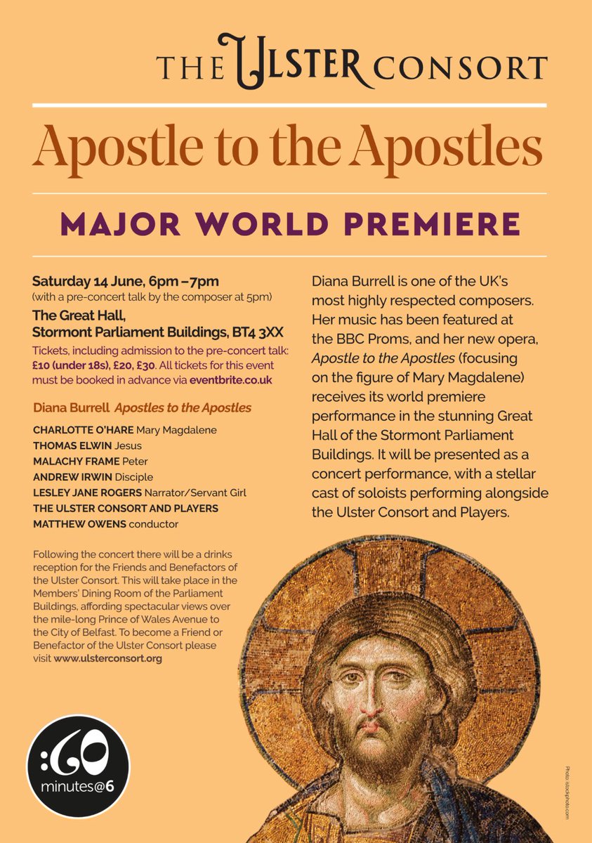 Apostle to the Apostles (WORLD PREMIERE) by one of the UK's most highly respected composers, <a href="/DianaBurrell48/">Diana Burrell</a> , is just a few days away. A stellar line-up of soloists join <a href="/ulsterconsort/">The Ulster Consort</a> on Sat 14 June from 6-7pm, with a pre-concert talk. eventbrite.co.uk/e/apostle-to-t…
<a href="/UnitedMusicPubl/">United Music Publishing Ltd</a>