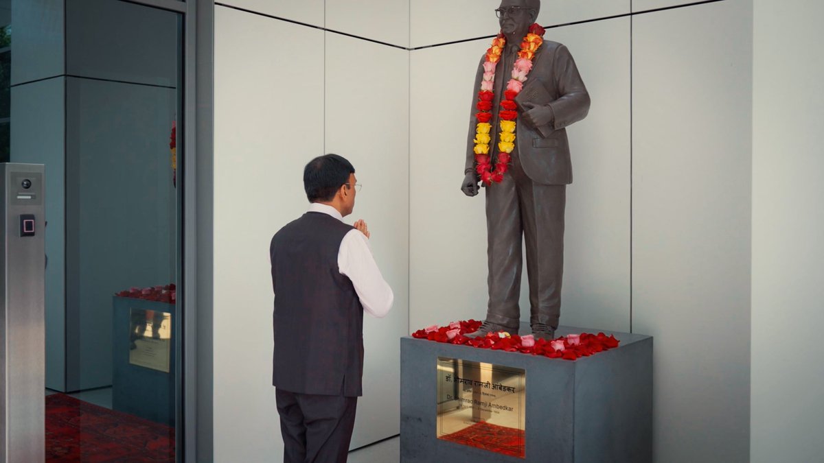 IndiaUNGeneva's tweet photo. Leading India's delegation to @ILO's #113ILC in Geneva, Hon'ble Minister of Labour & Employment of 🇮🇳, Dr. Mansukh Mandaviya, paid floral tribute to Dr. B.R.Ambedkar at @IndiaUNGeneva, during the ongoing year-long commemoration of #Constitution75.
Dr.@mansukhmandviya recalled Babasaheb Ambedkar's legacy and foundational role in shaping India's modern journey with his unwavering commitment to #SocialJustice and #IndividualRights, to ensure a just and inclusive society and polity.
@LabourMinistry