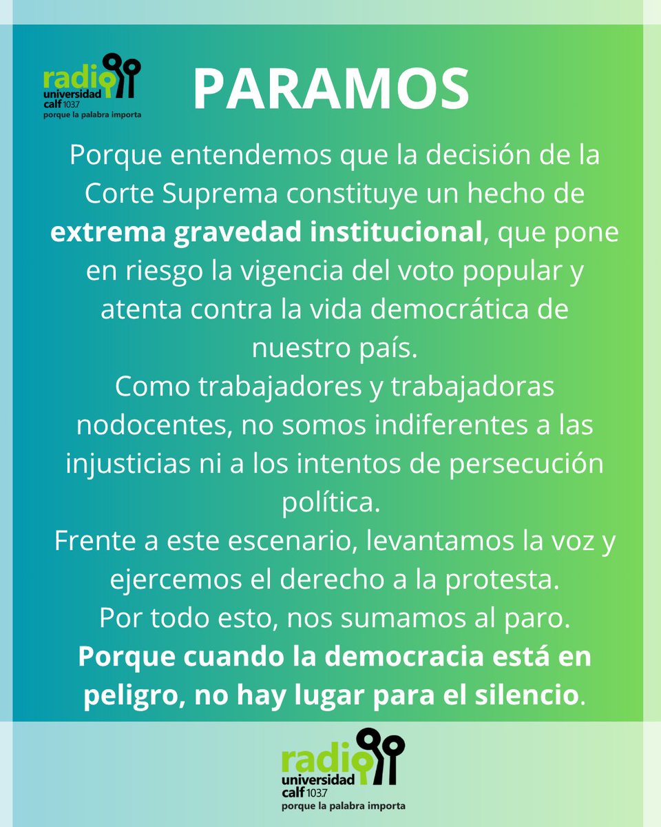 En <a href="/universidadcalf/">RadioUniversidadCALF</a> hoy nos sumamos al paro de <a href="/fatunoficial/">FATUN</a> en defensa de la democracia y contra la proscripción de <a href="/CFKArgentina/">Cristina Kirchner</a> 

Acá compartimos el comunicado 👇
