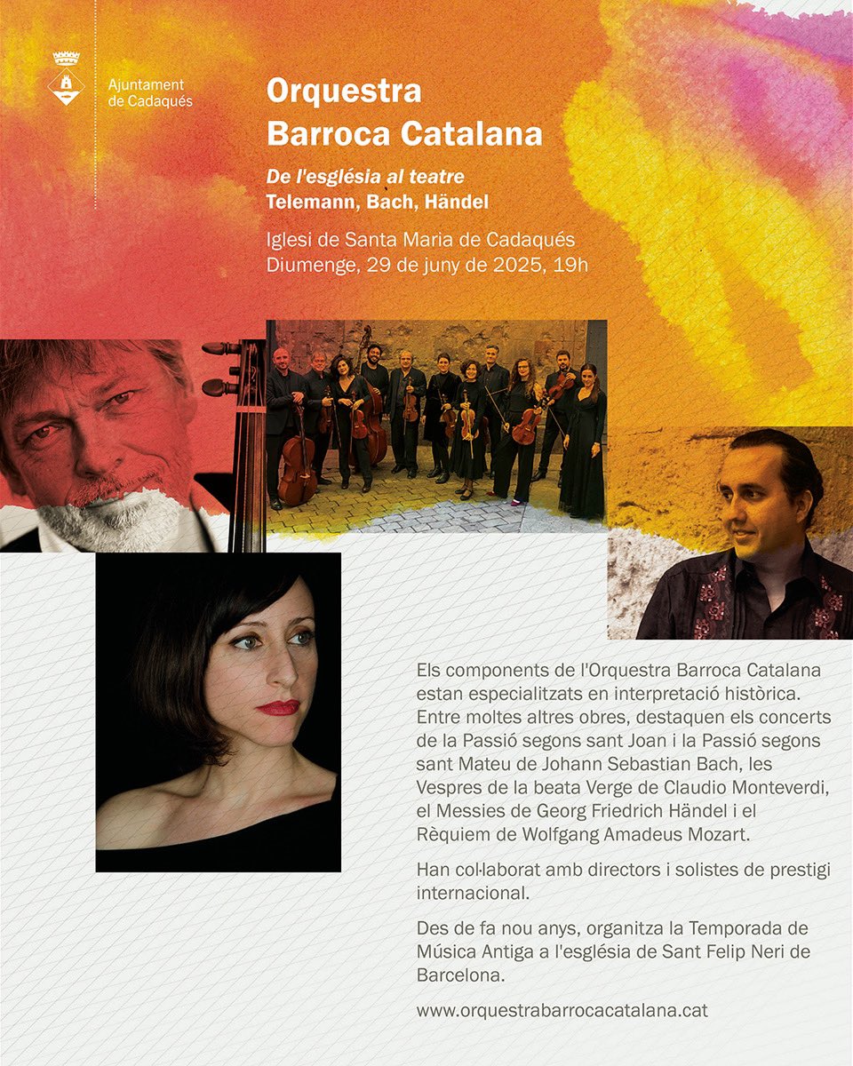 🎻 Coneixeu l’Orquestra Barroca Catalana

Estan especialitzats en interpretació històrica: Johann Sebastian Bach, Claudio Monteverdi, Wolfgang Amadeus Mozart… 

🫂 Han col·laborat amb directors i solistes de prestigi internacional.

#aCadaqués #52èfestivalmúsicacadaqués