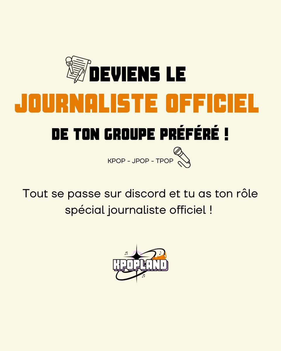 KpopLand_off's tweet photo. DEVENIR JOURNALISTE OFFICIEL ? C’EST POSSIBLE !

Tu es fan de K-pop, J-pop ou T-pop ? Tu veux représenter ton groupe préféré et partager son actu ?

#KpopLand #JpopLand #TpopLand #KpopNews #JpopFans #TpopUpdate #DiscordKpop #JournalisteFan #KpopCommunity #TpopLover #JpopWorld https://t.co/3dRCe0octZ