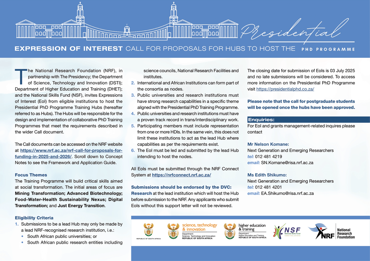 The NRF, in partnership with The Presidency; <a href="/dstigovza/">DEPARTMENT OF SCIENCE,TECHNOLOGY & INNOVATION</a>; <a href="/HigherEduGovZA/">HigherEducationZA</a>; and the National Skills Fund, invites Expressions of Interest from eligible institutions to host the Presidential PhD Programme Training Hubs.
 
Details: nrf.ac.za/funding/nrf-ca…