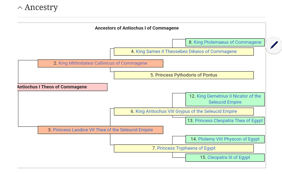 King  Antiochus I → Laodice VII → Antiochus VIII (Grypus)➡️ Down to Seleucus I Nicator 

So, through the maternal line, Antiochus I descended from the Hellenistic Seleucid dynasty, founded by: Seleucus I Nicator( 305–281 BCE)

One of Alexander the Great’s most powerful generals