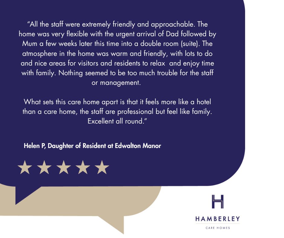 🔎 Looking for exceptional care in Edwalton? We’re proud to share this glowing 5-star review from Helen P, the daughter of one of our lovely residents at Edwalton Manor Care Home ⭐⭐⭐⭐⭐
#EdwaltonManorCareHome #CareWithCompassion #HappyResidents #CareHomesInNottinghamshire