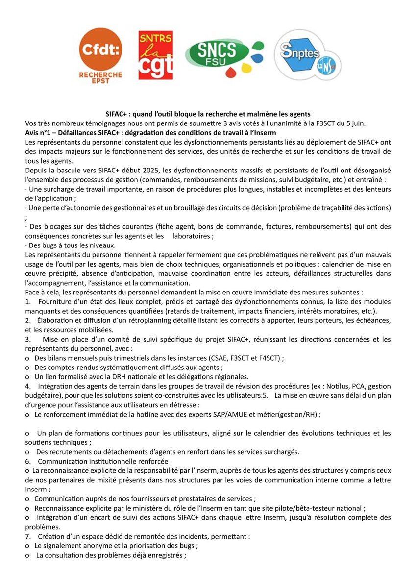 SNTRSCGT_INSERM's tweet image. SIFAC+ : Avis votés par tous les représentants des personnels au F3SCT de @Inserm du 5 juin 2025
#SNTRS #CGT